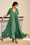 Kharakapas_Green Cotton Mul V Neck Spirited Away Maxi Dress _Online_at_Aza_Fashions