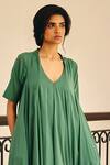 Kharakapas_Green Cotton Mul V Neck Spirited Away Maxi Dress _at_Aza_Fashions