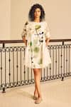 Buy_Kharakapas_Off White Cotton Mul Print Abstract Foliage Round The Glory Dress _at_Aza_Fashions