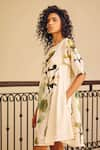 Kharakapas_Off White Cotton Mul Print Abstract Foliage Round The Glory Dress _Online_at_Aza_Fashions