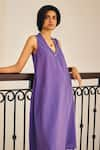 Buy_Kharakapas_Purple Cotton Textured V-neck The Homebody Dress _Online_at_Aza_Fashions