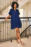 Buy_Kharakapas_Blue Cotton Mul Solid V-neck The Novelty Dress _at_Aza_Fashions