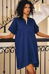 Buy_Kharakapas_Blue Cotton Mul Solid V-neck The Novelty Dress _Online_at_Aza_Fashions