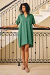 Kharakapas_Green Cotton Mul Solid V-neck The Thrive Dress _Online_at_Aza_Fashions