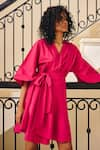 Buy_Kharakapas_Pink Poplin Solid V-neck The Vanity Overlap Panel Dress _Online_at_Aza_Fashions