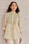 Buy_Khamaj India_Yellow Chanderi Hand Embroidered Thread Ruffle Bay Top _Online_at_Aza_Fashions