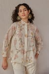 Buy_Khamaj India_White Chanderi Hand Embroidered Floral Collared Tess Shirt _Online_at_Aza_Fashions