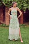 Buy_Jade By Ashima_Green Heavy Dull Crepe Printed Basil Breeze Front Cut Pattern Embroidered Dress _at_Aza_Fashions