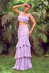 Shop_Jade By Ashima_Purple Heavy Dull Crepe Printed Floral Square Bell Bloom Tiered Skirt Set _at_Aza_Fashions