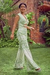 Shop_Jade By Ashima_Green Heavy Dull Crepe Printed Floral V Neck Ivy Grace Front Cut Jumpsuit _Online_at_Aza_Fashions