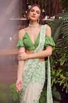 Jade By Ashima_Green Heavy Dull Crepe Printed Lush Leafage Pre-draped Saree With Blouse _Online_at_Aza_Fashions