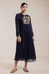 Buy_Rasasvada_Blue Georgette Embroidery Gardenia U Neck Yoke Gathered Dress With Inner _at_Aza_Fashions