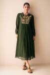 Buy_Rasasvada_Green Georgette Embroidery Gardenia U Neck Fleur Yoke Gathered Dress With Inner _at_Aza_Fashions