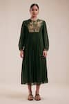 Buy_Rasasvada_Green Georgette Embroidery Gardenia U Neck Fleur Yoke Gathered Dress With Inner _Online_at_Aza_Fashions