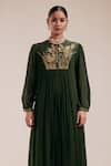 Shop_Rasasvada_Green Georgette Embroidery Gardenia U Neck Fleur Yoke Gathered Dress With Inner _Online_at_Aza_Fashions