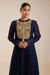 Shop_Rasasvada_Blue Georgette Embroidery Bahar Mandarin Collar Yoke Gathered Dress With Inner _Online_at_Aza_Fashions