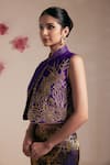 Rasasvada_Purple Dupion Silk Woven Bird Garden Open Embroidered Crop Jacket Pant Set _at_Aza_Fashions