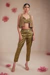 Buy_Rasasvada_Green Dupion Silk Woven Paisley Bloom Plunging Embroidered Crop Jacket Pant Set _at_Aza_Fashions