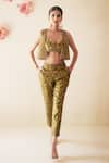 Rasasvada_Green Dupion Silk Woven Paisley Bloom Plunging Embroidered Crop Jacket Pant Set _at_Aza_Fashions