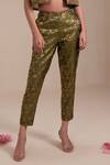 Shop_Rasasvada_Green Dupion Silk Woven Paisley Bloom Plunging Embroidered Crop Jacket Pant Set 