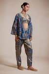 Buy_Rasasvada_Blue Organza Woven Vine Bloom Open Neck Embroidered Kimono Jacket Pant Set _at_Aza_Fashions