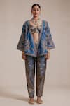 Rasasvada_Blue Organza Woven Vine Bloom Open Neck Embroidered Kimono Jacket Pant Set _Online_at_Aza_Fashions