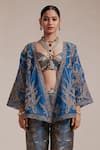 Buy_Rasasvada_Blue Organza Woven Vine Bloom Open Neck Embroidered Kimono Jacket Pant Set _Online_at_Aza_Fashions