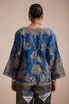 Rasasvada_Blue Organza Woven Vine Bloom Open Neck Embroidered Kimono Jacket Pant Set _at_Aza_Fashions