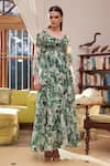 Buy_Rasasvada_Green Chiffon Print Fleur Garden Round Neck Swiss Dot Maxi Dress _at_Aza_Fashions