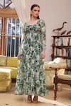 Rasasvada_Green Chiffon Print Fleur Garden Round Neck Swiss Dot Maxi Dress _Online_at_Aza_Fashions