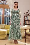 Buy_Rasasvada_Green Chiffon Print Fleur Garden Round Neck Swiss Dot Maxi Dress _Online_at_Aza_Fashions