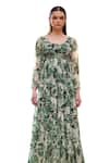 Shop_Rasasvada_Green Chiffon Print Fleur Garden Round Neck Swiss Dot Maxi Dress _Online_at_Aza_Fashions