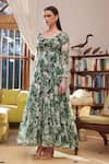 Rasasvada_Green Chiffon Print Fleur Garden Round Neck Swiss Dot Maxi Dress _at_Aza_Fashions