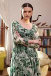 Buy_Rasasvada_Green Chiffon Print Fleur Garden Round Neck Swiss Dot Maxi Dress 