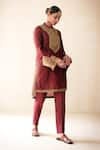 Rasasvada_Maroon Chanderi Embroidery Cutdana Round Collar Kurta Trouser Set _Online_at_Aza_Fashions