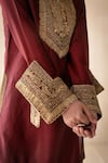 Shop_Rasasvada_Maroon Chanderi Embroidery Cutdana Round Collar Kurta Trouser Set _Online_at_Aza_Fashions