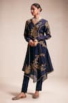 Buy_Rasasvada_Blue Chanderi Embroidery Floral V Neck Asymmetric Kurta With Pant _at_Aza_Fashions