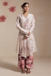 Rasasvada_Pink Chanderi Hand Embroidery Floral V Neck Kurta Pant Set _Online_at_Aza_Fashions