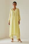 Buy_Sage Saga_Yellow Linen Woven Stripe Kurta V-neck Antalya Palazzo Set _at_Aza_Fashions