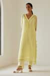 Sage Saga_Yellow Linen Woven Stripe Kurta V-neck Antalya Palazzo Set _Online_at_Aza_Fashions