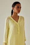 Sage Saga_Yellow Linen Woven Stripe Kurta V-neck Antalya Palazzo Set _at_Aza_Fashions