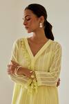 Buy_Sage Saga_Yellow Linen Woven Stripe Kurta V-neck Antalya Palazzo Set 