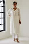 Buy_Sage Saga_White Linen Woven Stripe Kurta V-neck Antalya Palazzo Set _at_Aza_Fashions