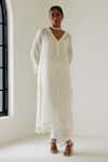 Sage Saga_White Linen Woven Stripe Kurta V-neck Antalya Palazzo Set _Online_at_Aza_Fashions