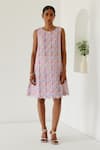 Sage Saga_Purple Linen Printed Stamp Round Riviera Shift Dress _Online_at_Aza_Fashions