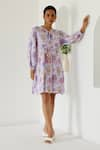 Buy_Sage Saga_Purple Linen Printed Sage Mandarin Collar Riviera Yoked Dress _at_Aza_Fashions