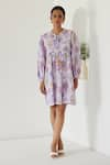 Sage Saga_Purple Linen Printed Sage Mandarin Collar Riviera Yoked Dress _Online_at_Aza_Fashions