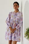 Sage Saga_Purple Linen Printed Sage Mandarin Collar Riviera Yoked Dress _at_Aza_Fashions