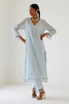 Buy_Sage Saga_Blue Linen Woven Stripe Kurta V-neck Riviera Palazzo Set _at_Aza_Fashions