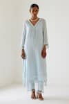 Sage Saga_Blue Linen Woven Stripe Kurta V-neck Riviera Palazzo Set _Online_at_Aza_Fashions